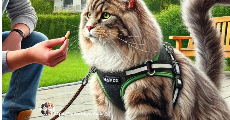 "A large Maine Coon cat wearing a harness and leash, being gently trained outdoors in a green park. A person crouches nearby, offering a treat to encourage the cat."